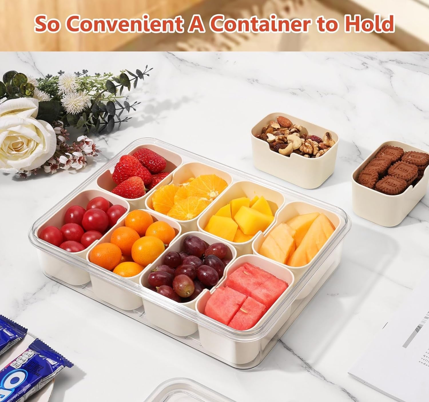 Divided Serving Tray with Lid and Handle - Portable Snackle Box Charcuterie Container, Clear Snack Platter Organizer for Fruits, Candy, Nuts, Snacks - Ideal for Party, Travel & Picnics