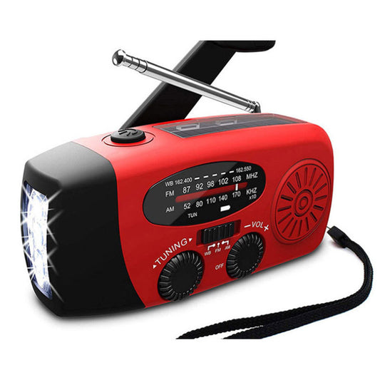 Solar and hand crank USB charging radio flashlight